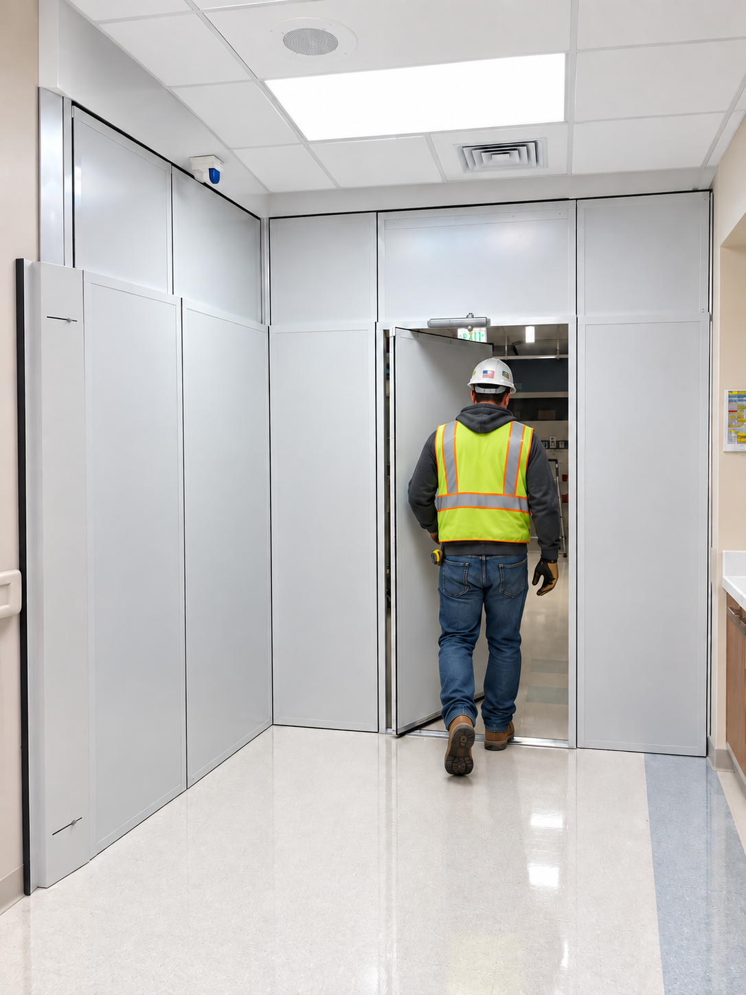 A Rapid Room 1500 Series anteroom with a pivot door in an occupied hospital corridor